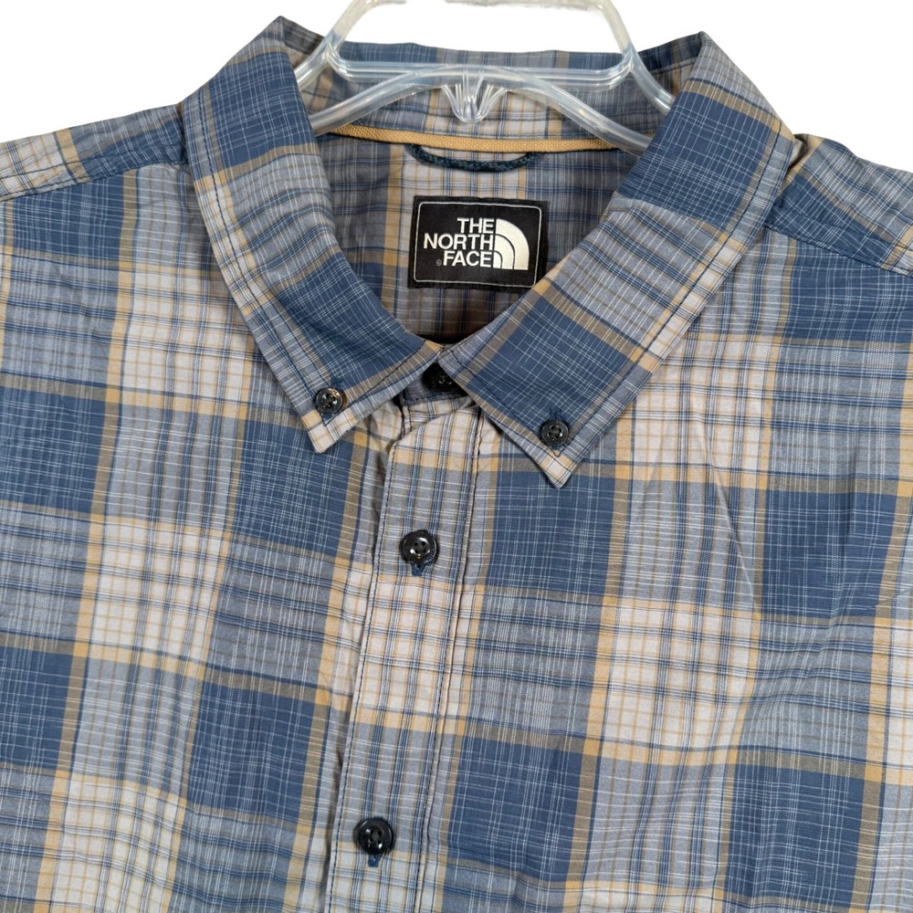 The North Face Button Down Shirt Mens XXL Blue Tan Plaid Short Sleeve Nylon